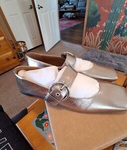 Anthropologie Metallic Silver Loafers with Buckle
